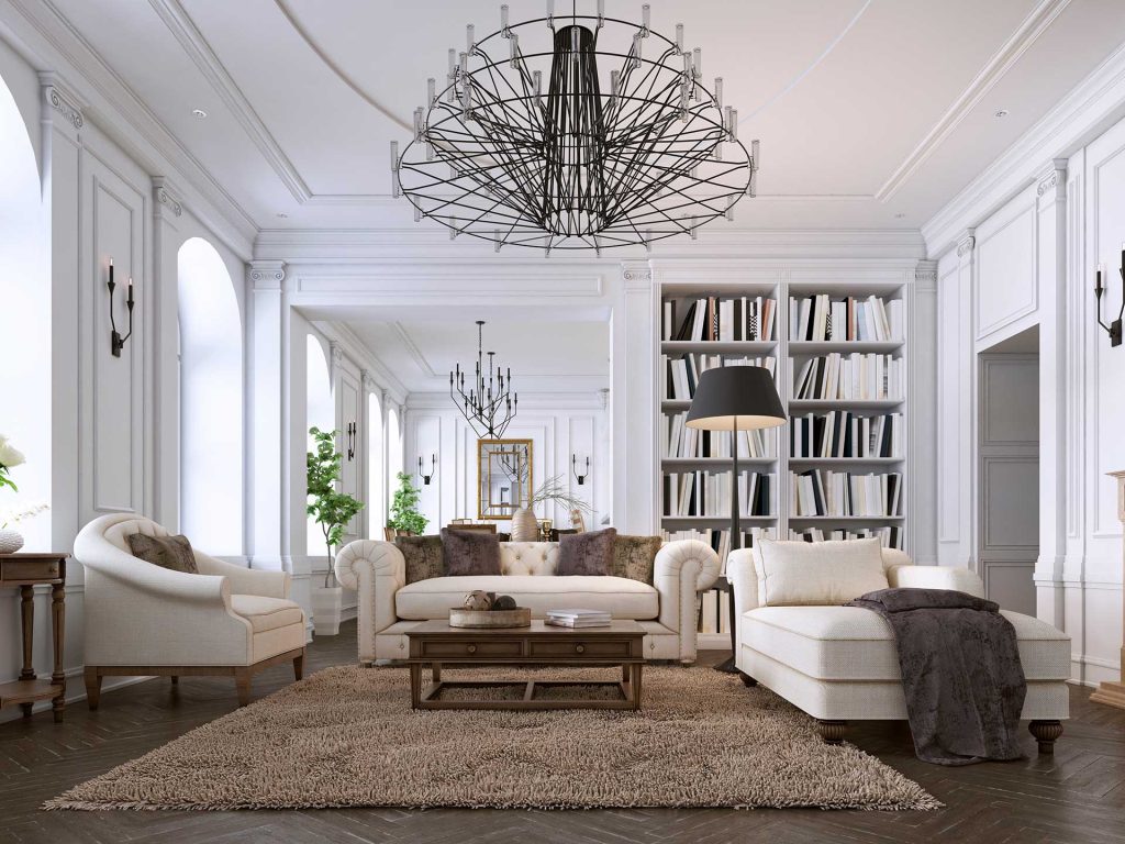 a beautiful living room with a chandelier 