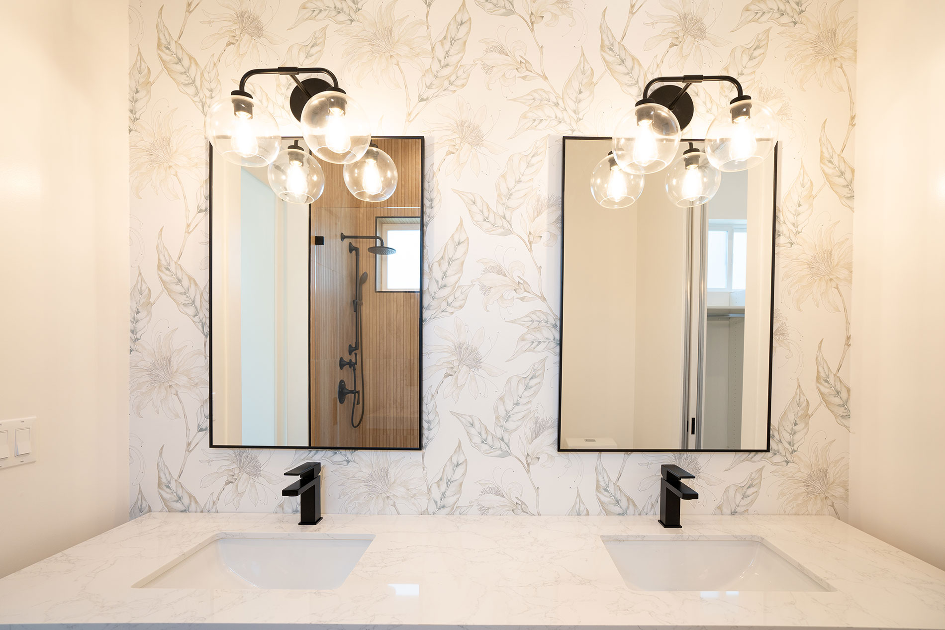 Bathroom 1, LED mirrors, double-sink vanity