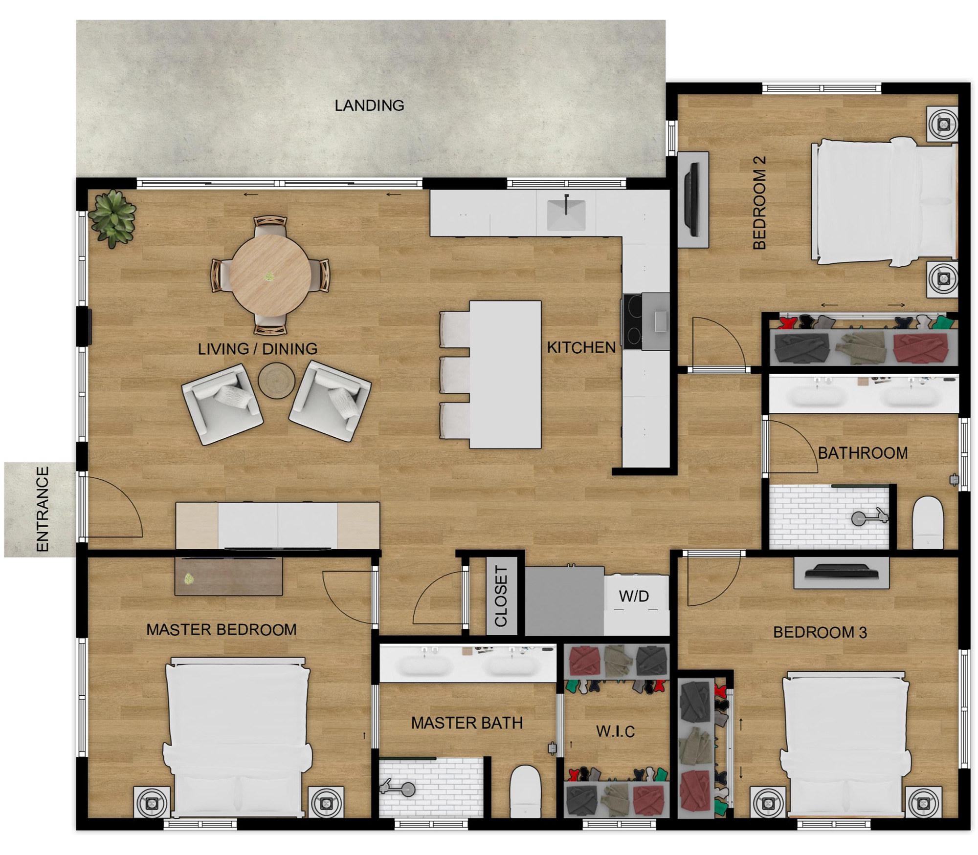 Three Bedroom ADU 2D Floor Plan