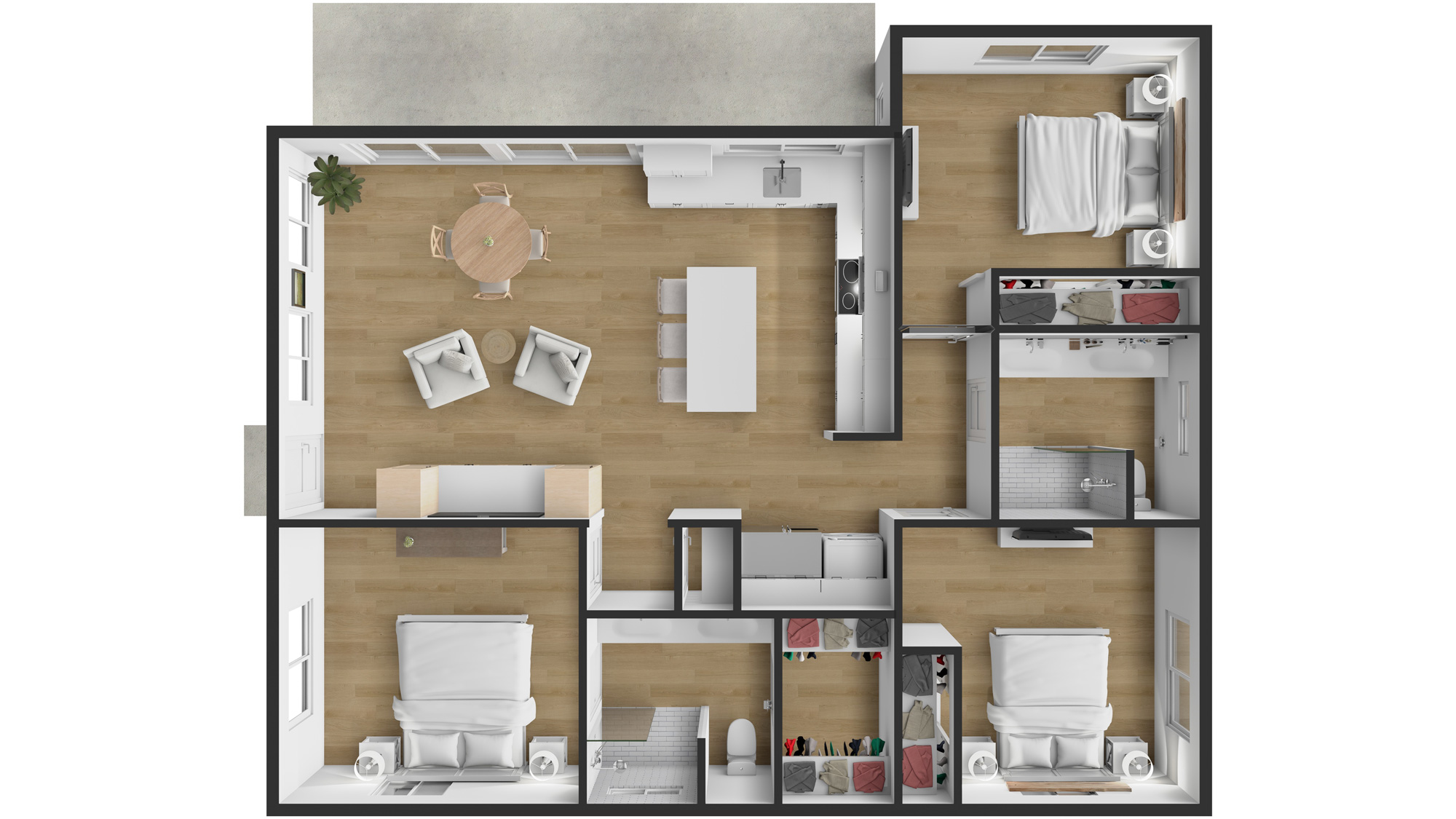 Three Bedroom ADU 3D Floor Plan