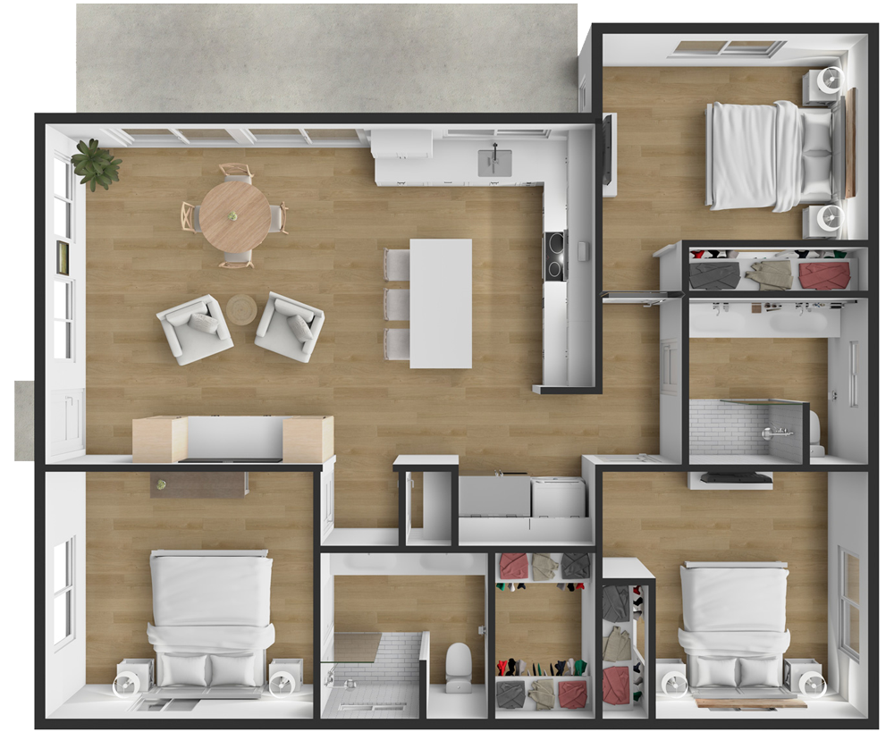 Three Bedroom ADU 3D Floor Plan