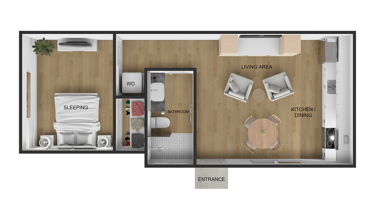 One Bedroom 500 SQ FT ADU Floor Plan