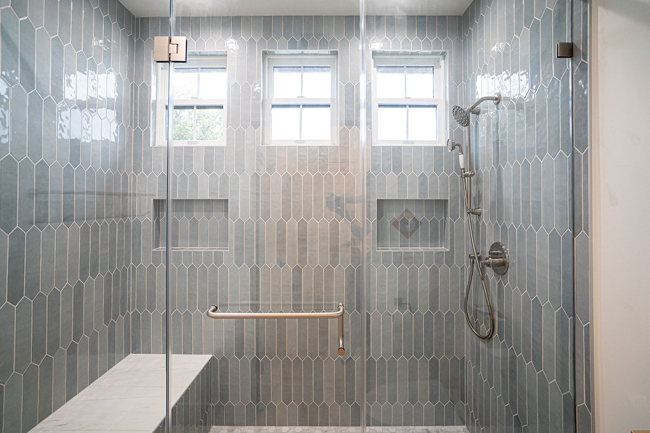 - Oasis Builders, Inc. Matte Shoji white ceramic tile for the shower walls