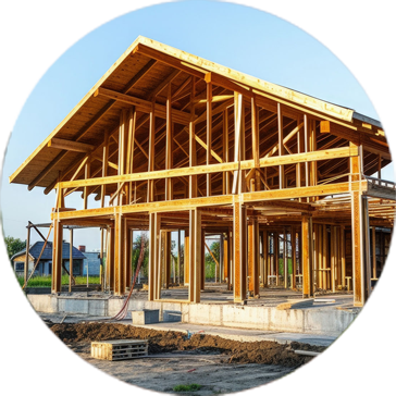 - Oasis Builders, Inc. Wooden-framed house under construction with exposed studs and beams on a sunny day.
